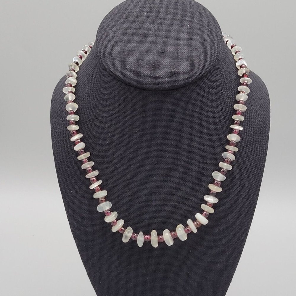 Red and White Beaded Unisex Fashion Necklace Barrel Clasp Closure 16 in